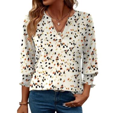 Imagem de Blusa túnica feminina LOMON com decote em V, manga 3/4, verão, branca,