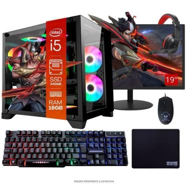Imagem de Computador Pc Gamer Completo Tob Intel Core I5 Ssd 240Gb 16Gb Gabinete Aquário Teclado Mouse Mouse Pad E Headset Gamer Monitor 19” Windows 10 Pro Tria