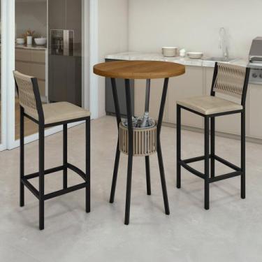 Imagem de Conjunto Mesa Bistrô Bar Tampo Madeira Maciça Ripado 70cm com 2 Banque