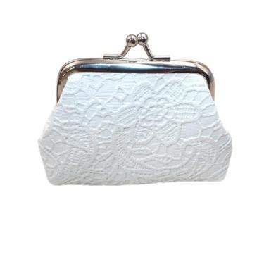 Imagem de 1 bolsa pequena para moedas, carteira de renda, fecho de beijo, bolsa de mão, bolsa de mão, mini bolsa de maquiagem feminina, Branco, Branca
