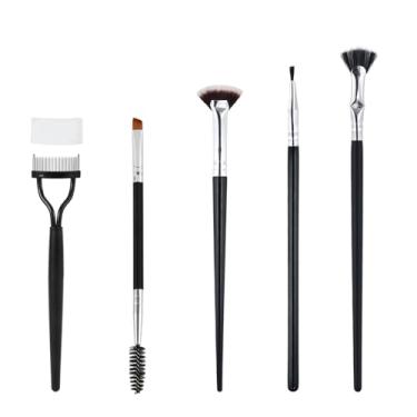 Imagem de 5 pincéis de maquiagem, incluindo pincel de rímel dobrável em forma de leque, pincel de cílios recortados, pincel de delineador, pente separador de cílios de aço dobrável, pente de sobrancelha de