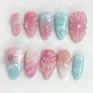 Imagem de Unhas postiças curtas de amêndoa rosa média com design simples de flores pérolas cobertura completa cola em bastão falso artificial em unhas de acrílico para mulheres, casamento, 24 peças