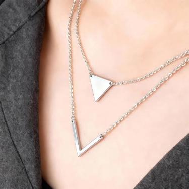 Imagem de Colar em V com pingente de triângulo em camadas, gargantilha de camada dupla, pingente geométrico minimalista, corrente ajustável para mulheres, Generic, Metal, Sem Pedra Preciosa