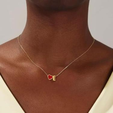 Imagem de Colar feminino com inicial de coração, pingente de letra A a Z, pingente de coração vermelho, joia banhada a ouro, colar de presente personalizado, 18+2in, Aço inoxidável, Sem Pedra Preciosa