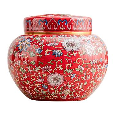 Imagem de Ceramic Ginger Jar Vase with Lid Flower Arrangement Chinese Style Desktop Tea Canister Floral Temple Jar for Living Room Decor, Red