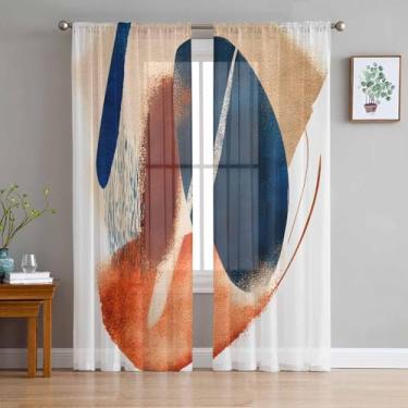 Imagem de Cortinas transparentes azul marinho laranja queimado 203 cm de comprimento conjunto de 2 painéis para sala de estar/quarto, cortinas abstratas contemporâneas geométricas semicortinas transparentes
