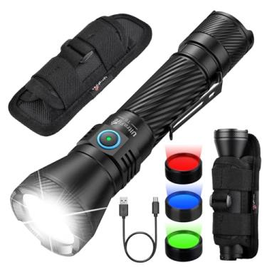 Imagem de ULTRAFIRE Lanterna tática policial com coldre para cinto de serviço, lanterna LED recarregável de 1800 lúmens para aplicação da lei, longo alcance de 400 m, 3 lentes de filtro, 4 modos com