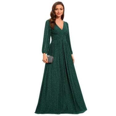 Imagem de Vestido de noite, sempre bonito, com decote em V, franzido, cintura al