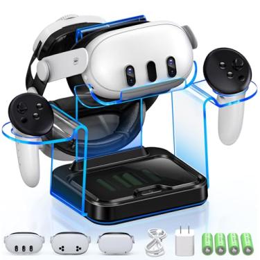 Imagem de Base de carregamento para Meta Quest 3/3S/2 com 4 baterias de controle recarregáveis, estação de carregamento rápido para Oculus Quest 3/2 com luz LED, suporte de exibição de fone de ouvido VR Meta 3,