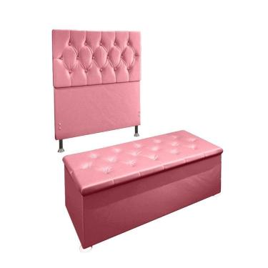 Imagem de Kit Cabeceira Calçadeira Baú Solteiro 90cm Suede Rosa