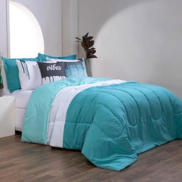 Imagem de Colorful Kit Edredom Queen e King, 7 Peças, 400 Fios, Dupla Face com Fronhas e Capas de Almofada Decorativas (Verde, King)