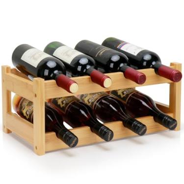 Imagem de Thalomely Rack de vinho de bambu, prateleira de armário de armazenamento de vinho com 8 garrafas de 2 camadas, prateleiras de bambu independentes de fácil montagem, bancada para cozinha, despensa