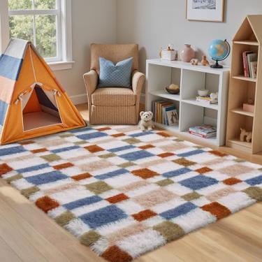 Imagem de HUGEAR Tapete quadriculado 10 x 15 para sala de estar arco-íris moderno tapete felpudo super macio lavável tapete felpudo aspirável para quarto, casa, dormitório, decoração antiderrapante