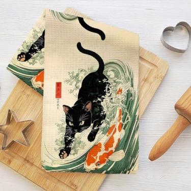 Imagem de Toalhas de cozinha de gato e cena da natureza, toalha de prato decorativa de microfibra absorvente estilo japonês, toalhas de chá de waffle para cozinha, casa, banheiro, presentes para amantes de