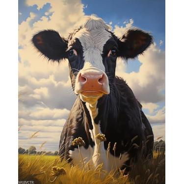 Imagem de WUIVCTR Kits de pintura a óleo por números, vaca animal, kit de presente de pintura em tela, tinta acrílica por números, Natal, presente de aniversário, 40 x 50 cm