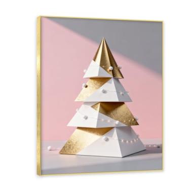 Imagem de Moldura dourada. Arte moderna de presente de Natal, arte geométrica de árvore rosa empoeirada e dourada, tela emoldurada pronta para pendurar para uma casa de férias elegante. A45. 50 x 65 cm - 19,7 x