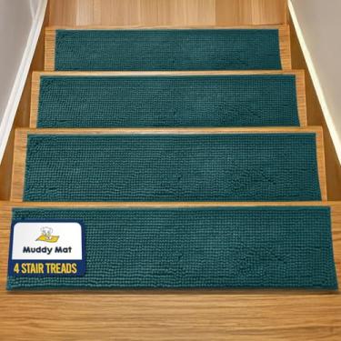 Imagem de Muddy Mat Pacote com 4 - Degraus de escada de chenille macios antiderrapantes reutilizáveis, super absorventes para degraus de madeira, piso de azulejo e mármore, fácil de instalar e lavável na