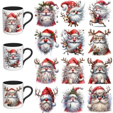 Imagem de Adesivos DTF UV de Natal - 12 folhas peculiares Papai Noel UV DTF Cup Wrap para canecas de vidro café, decalques DIY para copos, esfregar à prova d'água em transferências para artesanato