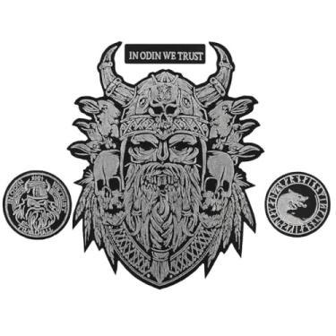 Imagem de Conjunto de 4 adesivos nas costas do guerreiro viking, design grande de caveira de corvo, bordado preto e cinza, emblemas de jaqueta de motocicleta