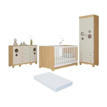 Imagem de Quarto de Bebê Completo Berço Americano 3x1 Colchão Suspiro Multimóveis Mp4676 Madeirado/off White