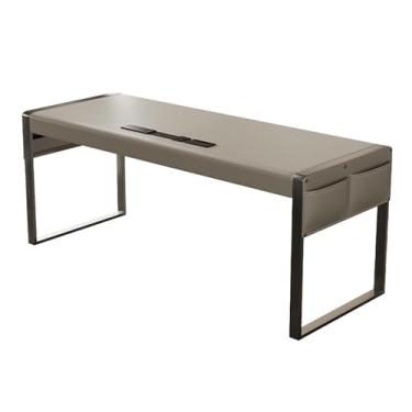 Imagem de Mesa para sentar e levantar Mesa de escritório moderna com gavetas, acabamento em couro, estação trabalho tomadas carregamento, bege(S)