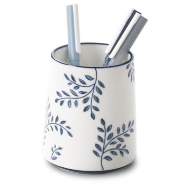 Imagem de Magclay Porta-lápis para mesa, suporte de caneta de cerâmica, organizador de canetas de mesa chinoiserie azul e branco, folha