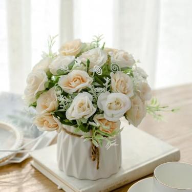 Imagem de TKAS Arranjo de flores falsas em vaso de cerâmica, rosas artificiais de seda sintética, floral pequeno realista de estilo seco, mesa de jantar para decoração de casa de festa de casamento (branco