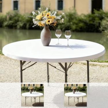 Imagem de NALVXIN, Toalha de mesa justa branca cartão elástico elastano toalha de mesa pequena elástica dobrável para cozinha, jantar, piquenique, pátio, festa ao ar livre (branca, 152 x 152 cm (redonda))