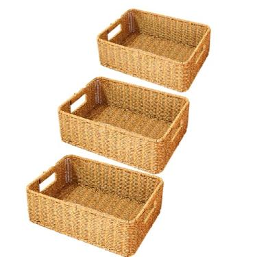 Imagem de Cestas de armazenamento doméstico marrom PP, conjunto de 3 peças com moldura de ferro, plástico tecido feito à mão, para prateleiras decorativas, grande médio pequeno 33 em 14,2 em 15,4 polegadas