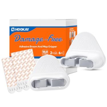 Imagem de hookay Pinças de vassoura e esfregão de 4,5 kg, suporte de vassoura para pendurar na parede, sem ferramentas, organizador removível para organização doméstica, comporta até 4,5 kg, 2 cabides e 6 tiras