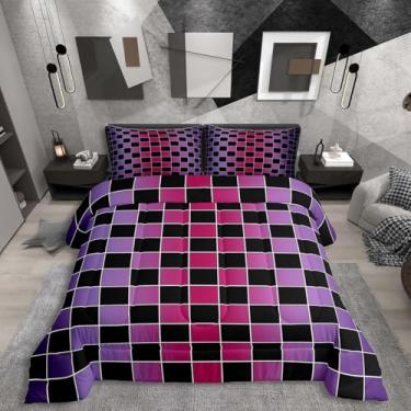 Imagem de Erosebridal Jogo de cama xadrez preto, estilo ombré, rosa choque, roxo, xadrez, para crianças, adolescentes e mulheres, edredom com grades, gradiente, guingão