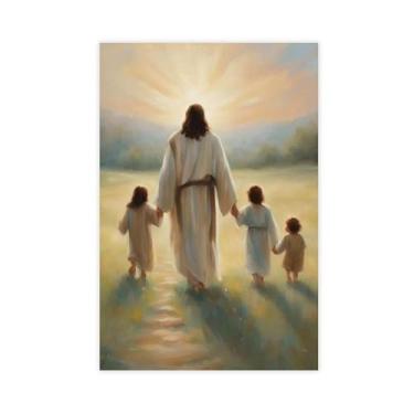 Imagem de 9W Pôster de arte de parede Jesus andando com crianças, Jesus e três crianças, retrato de Jesus, arte de berçário de Jesus, decoração de casa cristã, pinturas em tela de mão de Deus