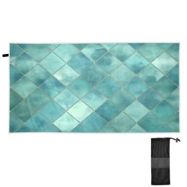 Imagem de ATTX Toalha de praia xadrez geométrica em aquarela azul-petróleo 79 x 188 cm - Cobertor de microfibra leve de secagem rápida resistente à areia para piscina, ioga, academia e viagens | Esportes de