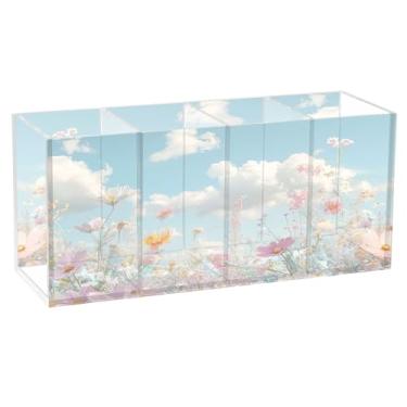 Imagem de SEHANY Porta-canetas de acrílico com flores silvestres coloridas, 4 compartimentos, porta-lápis transparente, organizador de pincéis de maquiagem, organizador de papelaria para escritório, casa