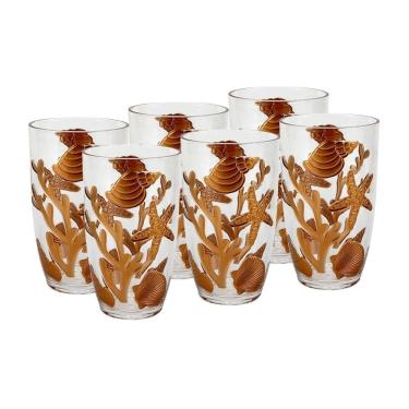 Imagem de Cj 6 Copos Altos de Acrílico C/Detalhes Fundo do Mar Dourado 680ml Entrecasa