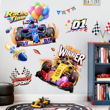 Imagem de 2 decalques de parede de carro de corrida para meninos fãs de corrida - Fórmula 1 de alta velocidade, adesivos de parede de carro para crianças, crianças, adolescentes, quarto, berçário, sala de jogos