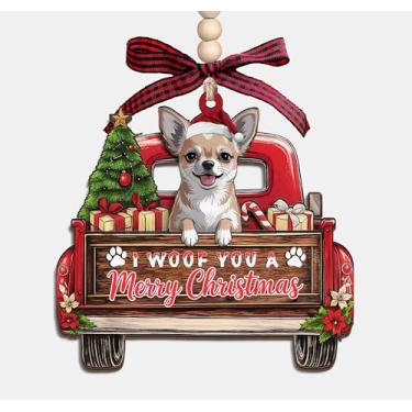 Imagem de Enfeite de madeira I Woof You A Merry Christmas - Caminhão de Natal com cachorro chihuahua, enfeite de lembrança de madeira em 3 camadas, presentes para mulheres, homens, amantes de animais de