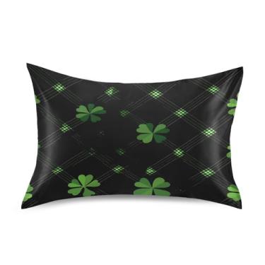 Imagem de Wassud Fronha de cetim xadrez verde trevos para cabelo e pele fronhas de seda lisa tamanho padrão capas de travesseiro respiráveis com fecho de envelope