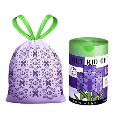 Imagem de Sacos de lixo perfumados com cordão (aroma de lavanda), 50 peças por rolo - Sacos de lixo fortes e duráveis para uso doméstico, forros de lixo com controle de odor com alças fáceis de amarrar