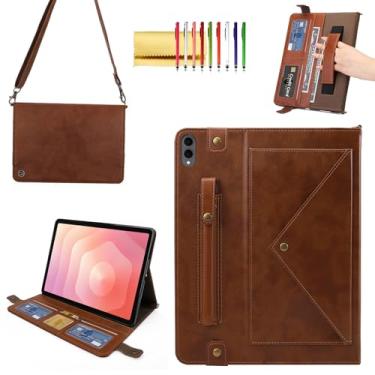 Imagem de Capa de mão para Samsung Galaxy Tab S11 Ultra, Techcircle Folio Stand PU Couro Envelope Bolso Capa Carteira com Suporte para Caneta S e compartimentos para cartões, alça de mão e alça de ombro, café