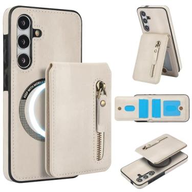Imagem de Carteira destacável compatível com carregamento sem fio Magsafe para Samsung Galaxy A35 5G capa com suporte para cartão, bolso com zíper, suporte 2 em 1 capa à prova de choque (branca)