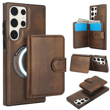 Imagem de Carteira para Samsung Galaxy S23 ultra destacável compatível com Magsafe capa de carregamento sem fio com suporte para cartão, compartimento para dinheiro, suporte 2 em 1 à prova de choque (marrom)
