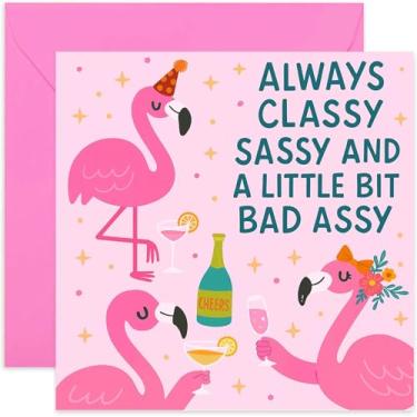 Imagem de Cartões de aniversário de flamingo engraçados para mulheres, Classy Sassy and Bad Assy, design fofo para ela - Bestie, BFF, Daughter - quadrado, em branco por dentro com envelope premium