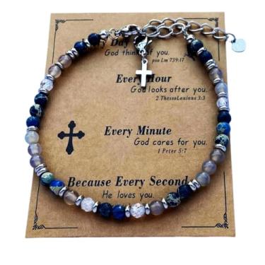 Imagem de DOLON Pulseira minimalista cristã com pingente de cruz com contas boêmia de pedra natural de 4 mm para mulheres, homens, confirmação, batismo, Páscoa, aniversário, presentes religiosos de Natal