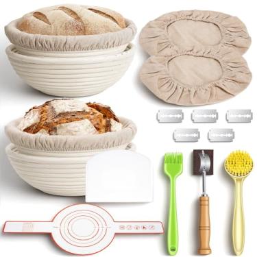 Imagem de Conjunto de cesta para presente Sourdough Proofing, 4 peças de pão Banneton redondo de 23 cm, cesta Banneton à prova de pão, kit inicial de massa fermentada, suprimentos para assar pão Sourdough (cor