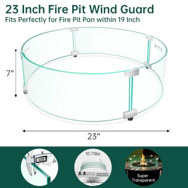 Imagem de Pariplus Protetor de vento para fogueira - 58,4 x 58,4 x 17,8 cm protetor de vento de vidro redondo para mesa de fogueira a gás ao ar livre, vidro temperado transparente com suportes de alumínio duro