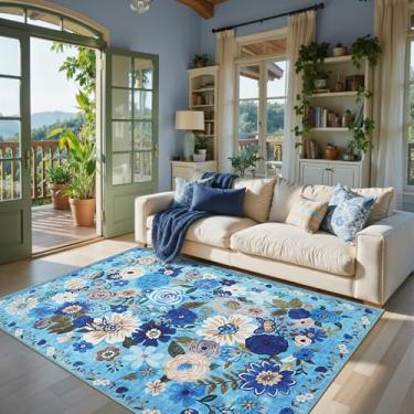 Imagem de Tapete de área, 10 x 15 cm, lavável, antiderrapante, camada baixa, floral, pequeno tapete para quarto, cabeceira, quarto de crianças, escritório, sala de jantar (jardim azul, 10 x 15)