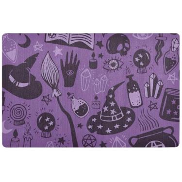 Imagem de TSENQUE Tapete de Halloween roxo personalizado para Halloween fofo para varanda frontal tapete de boas-vindas tapetes de cozinha absorventes antiderrapantes laváveis 81 x 50 cm