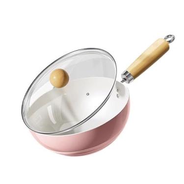 Imagem de Frigideira antiaderente com tampa, panela de cerâmica de ferro com alça de madeira Keep Cool, panela para ensopado, ferver, macarrão, molho (rosa)