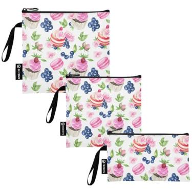 Imagem de Bolos coloridos de sobremesas, sacos de lanche de mirtilo e saco de sanduíche, reutilizáveis, sacos de alimentos laváveis com zíper para crianças, estudantes, adultos (conjunto de 3: P/M/G)